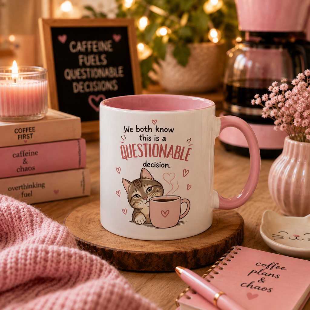 Questionable Decisions Coffee Mug — Pink Cat Mug