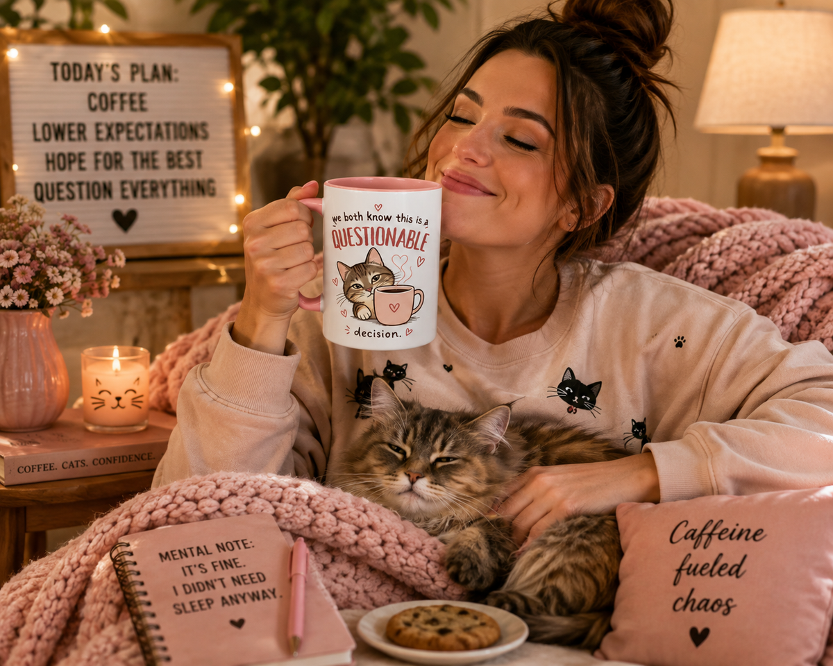 Questionable Decisions Coffee Mug — Pink Cat Mug